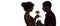 Silhouette profile of a young couple in love on white isolated background, man giving a woman a rose flower, girl is delighted