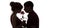 Silhouette profile of a young couple sensually bowed their heads to the bud of a rose on white isolated background, boy and girl