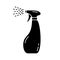 Silhouette Pulverizer vial. Outline icon of hand-shaped figured bottle with atomizer and flying drops. Illustration of sprayer,