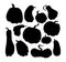 Silhouette pumpkins set. Black on white clipart of autumn pumpkins of different shapes and sizes isolated on a white background.