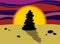 Silhouette of a pyramid of stones at sunset. Rocks cairn on the sand. Harmony and balance concept. Vector illustration