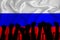 Silhouette of raised arms and clenched fists on the background of the flag of Russia. The concept of power,  conflict. With place