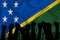 Silhouette of raised arms and clenched fists on the background of the flag of Solomon Islands. The concept of power,  conflict.