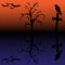 Silhouette of raven, cross, tree and bats