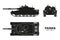 Silhouette of realistic tank blueprint. Armored car on white background. Top, side, front views War camouflage transport