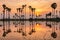 Silhouette of reflection of palm tree during sunrise time