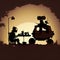 Silhouette Robots Having a Picnic in a Post-Apocalyptic Wasteland, Made with Generative AI