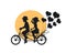 Silhouette of romantic cheerful couple riding tandem bike with heart shaped balloons