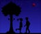 Silhouette of romantic couple at night. Vector illustration of lovers. sweet