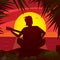 Silhouette of a romantic man playing the guitar at sunset