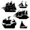 Silhouette sailboats and yachts. Set ships with sails are modern and vintage. Black outline isolated illustrations.