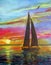 Silhouette of a sailing yacht against the backdrop of a bright sea sunset, oil painting