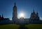 Silhouette of Saint Sophia Cathedral with belfry in the sun backlighting. Tobolsk Kremlin. Russia