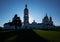 Silhouette of Saint Sophia Cathedral with belfry in the sun backlighting. Tobolsk Kremlin. Russia