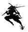 Silhouette of a samurai in a jump, wearing a hat with two swords in his hands.