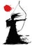 Silhouette of a samurai with a long bow, pulling an arrow, on a white background with a red sun. Drawn in ink