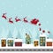Silhouette of Santa Claus on sleigh with reindeer flying over houses.