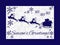 Silhouette of Santa flying in a sleigh with reindeer, snowflake and Season`s Greetings text.