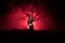 Silhouette of scary Halloween tree with horror face on dark foggy toned background with moon on back side. Scary horror tree with