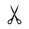Silhouette scissors icon. Outline tailor scissors with sharp ends. Black illustration of sewing studio, stationery, dressmaking.