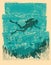 Silhouette of scuba driver underwater.Vintage sea poster