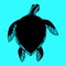 Silhouette of a sea turtle with large paws on a blue background.