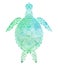 Silhouette of a sea turtle top view with turquoise watercolor background