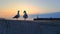 Silhouette of seagulls in sunset near sea and lighthouse