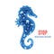 Silhouette of a seahorse cut out of paper and stop ocean pollution banner. Craft sea horse layers with plastic rubbish