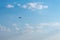 Silhouette seaplane. Flying boat on blue sky.