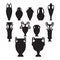 Silhouette set sketch of ceramic vases. Tall ancient Greek, Roman jar with two handles and a narrow neck. Vintage ceramic amphora