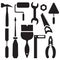 Silhouette set of tools hammer, pliers, a putty knife, saw, screwdriver.