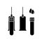 Silhouette set of vacuum blood sampling from vein. Outline icon of test tube with cap, needle holder, drops. Illustration of