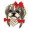 Silhouette of a Shih Tzu breed dog with red bows. Muzzle dog head drawn squares, pixels. Portrait of a Shih Tzu breed dog