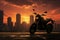 Silhouette shot of motorbike against backdrop of city skyline at sunset. Generative AI