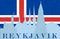 Silhouette of sights of Reykjavik in background of flag of Iceland, vector illustration with noise and texture, marble
