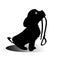 Silhouette of a sitting dog holding it\'s leash in its mouth, patiently waiting to go for a walk.