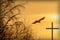 Silhouette of a soaring bird and religious cross on a background of dramatic sunset