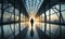 Silhouette of a solitary businessman walking through a modern glass corridor in a corporate building, symbolizing corporate