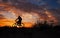 Silhouette of sports person cycling on the meadow