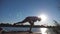 Silhouette of sporty man standing at yoga pose on a wooden jetty at lake. Young guy training at nature. Athlete