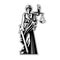 The silhouette of the statue of justice with blindfold, scales and sword.