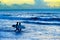 Silhouette of surfers couple