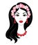 Silhouette of a sweet lady. The girl has beautiful long hair, red beads and earrings. On his head a wreath of flowers. The woman