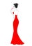 Silhouette of a sweet lady in a red dress. A girl is eating candy, a red lollipop in the shape of a heart. A gift for Valentine s