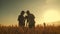 Silhouette team farmers stand in a wheat field with tablet at sunset. Partnership concept.