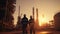 Silhouette of Teams engineer and foreman working at petrochemical oil refinery in sunset