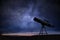 Silhouette of telescope and starry night sky in background. Astronomy and stars observing.