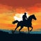 Silhouette of Thoroughbred and Jockey Racing at Sunset, generative Ai