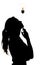 silhouette of thoughtful woman looking at the incandescent lamp upwards, thought bulb, concept of idea